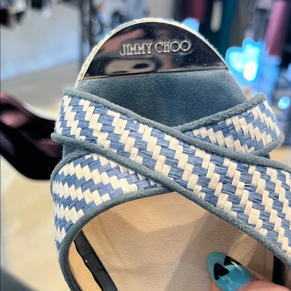 Jimmy Choo Navy and White Woven Wedges Size 39 - Picture 3 of 9